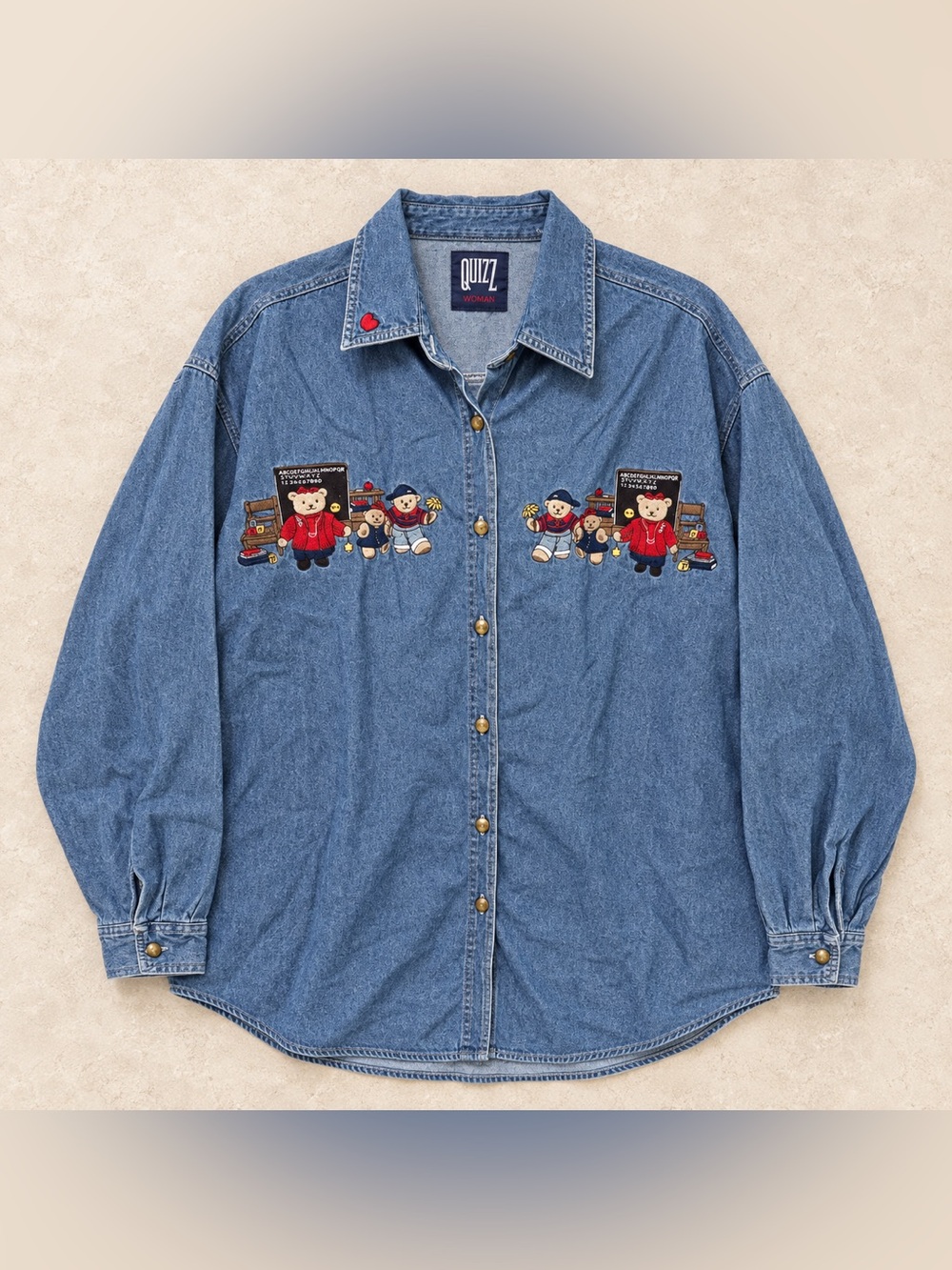 VINTAGE Quizz School Theme Emroidered Denim Shirt